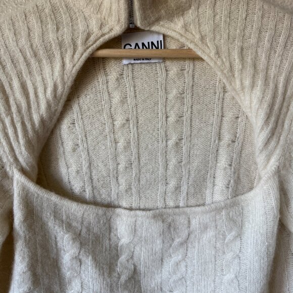 Ganni Cable Knit Keyhole Alpaca Blend Sweater Mock Neck Cut Out Zip Up Ivory - Picture 13 of 16